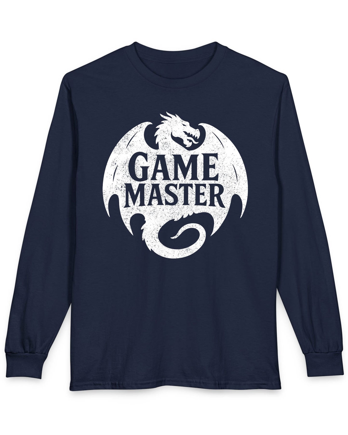 Game Master shirt in navy featuring a distressed dragon silhouette encircling bold text