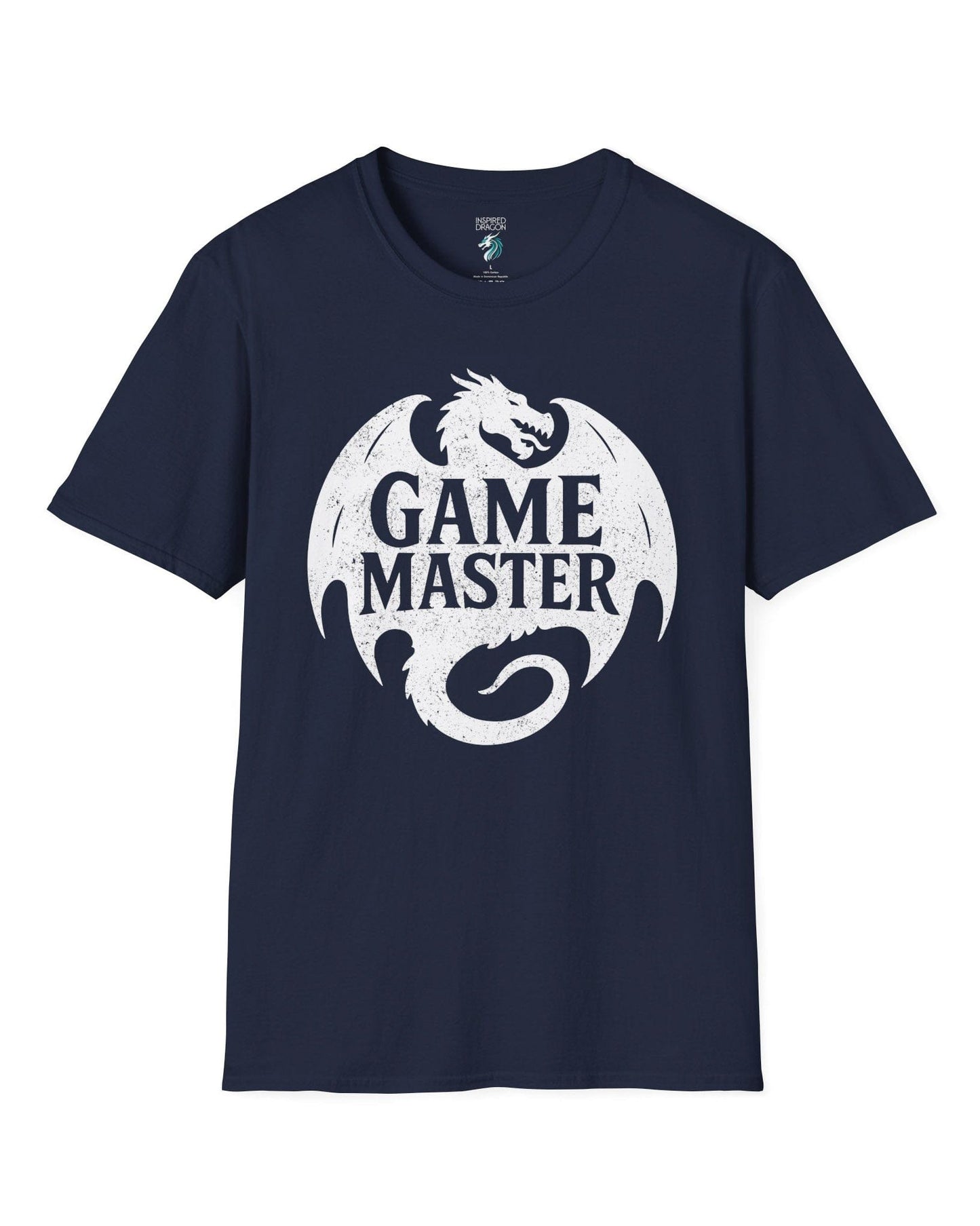 Game Master shirt in navy, featuring a distressed dragon silhouette encircling bold text.