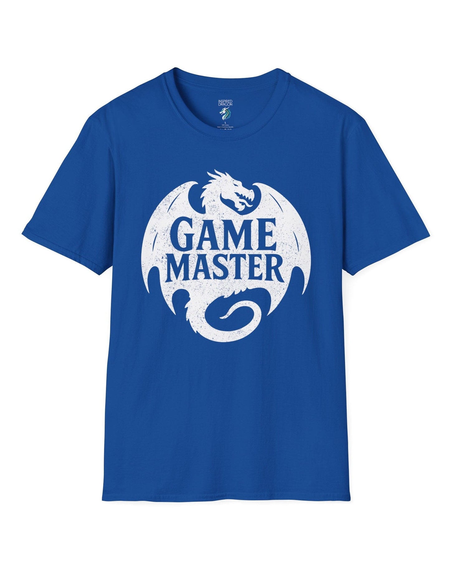 Game Master shirt in royal blue, featuring a distressed dragon silhouette encircling bold text.