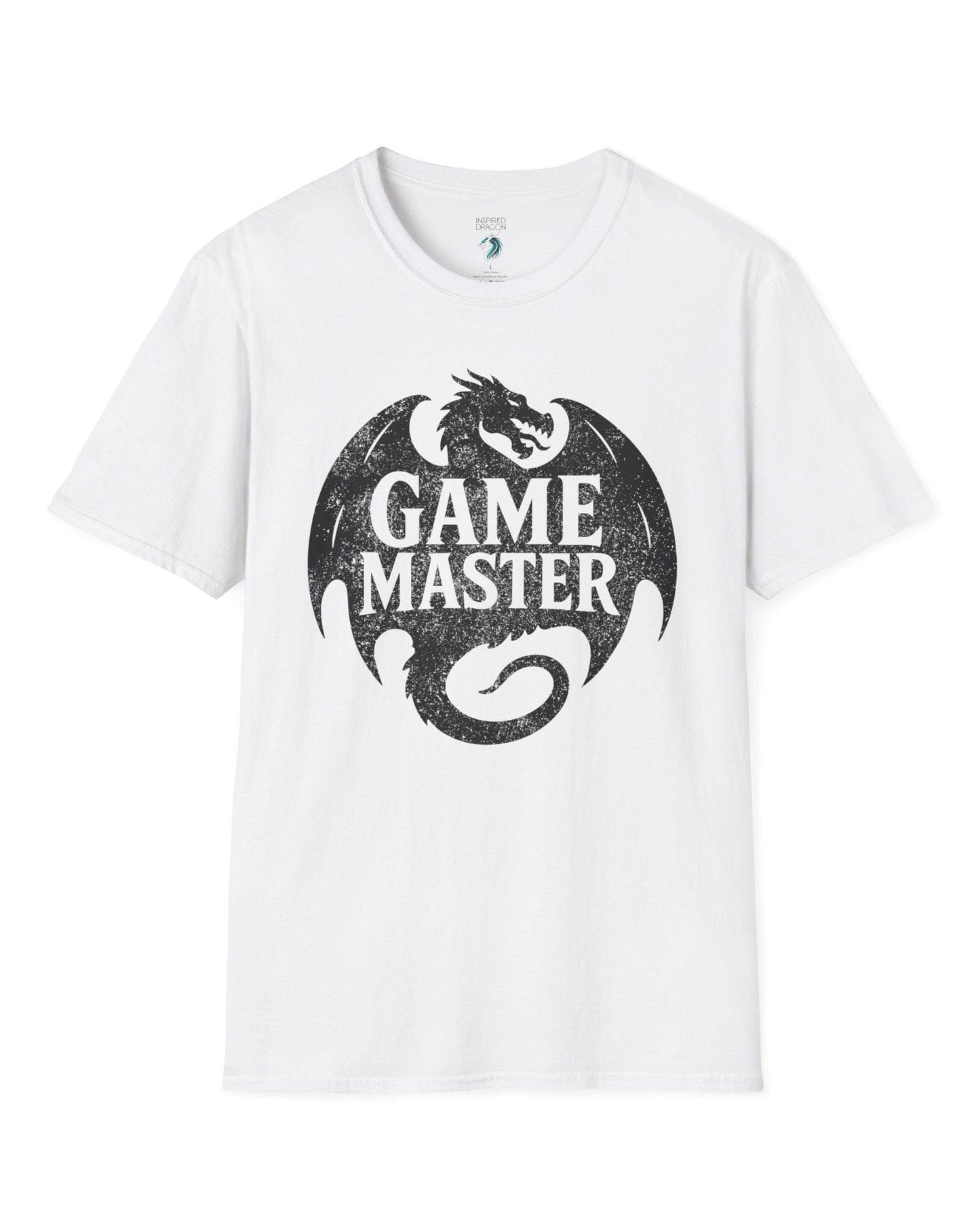 Game Master shirt in white, featuring a distressed dragon silhouette encircling bold text.