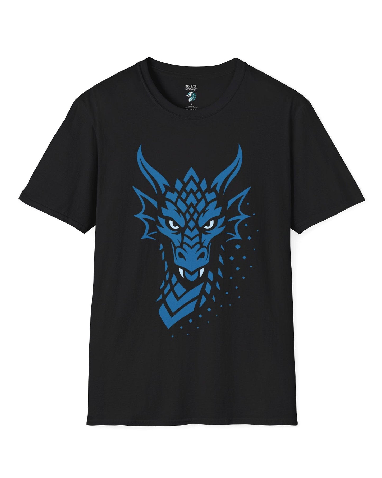 Azure Veil shirt in black, featuring a blue geometric dragon face fading into scattered digital pixels.