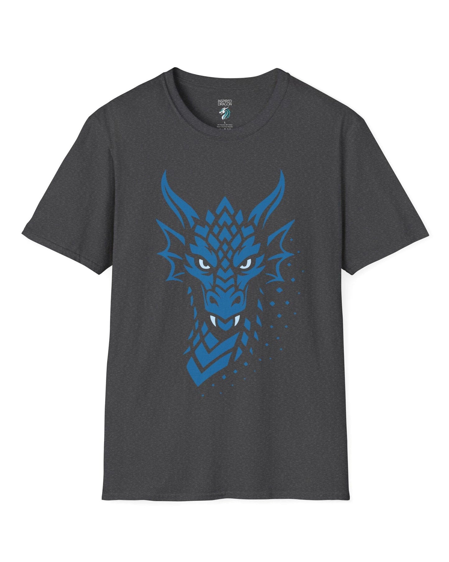 Azure Veil shirt in dark heather grey, featuring a blue geometric dragon face fading into scattered digital pixels.