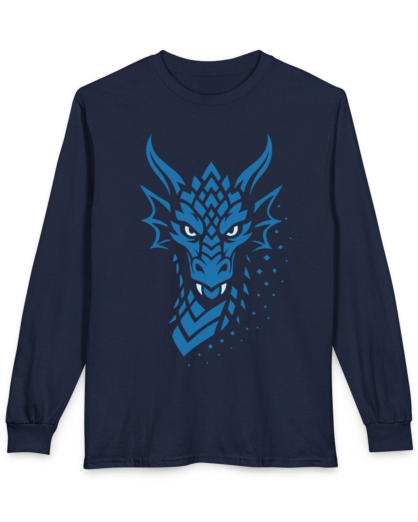 Azure Veil shirt in navy featuring a blue geometric dragon face fading into scattered digital pixels