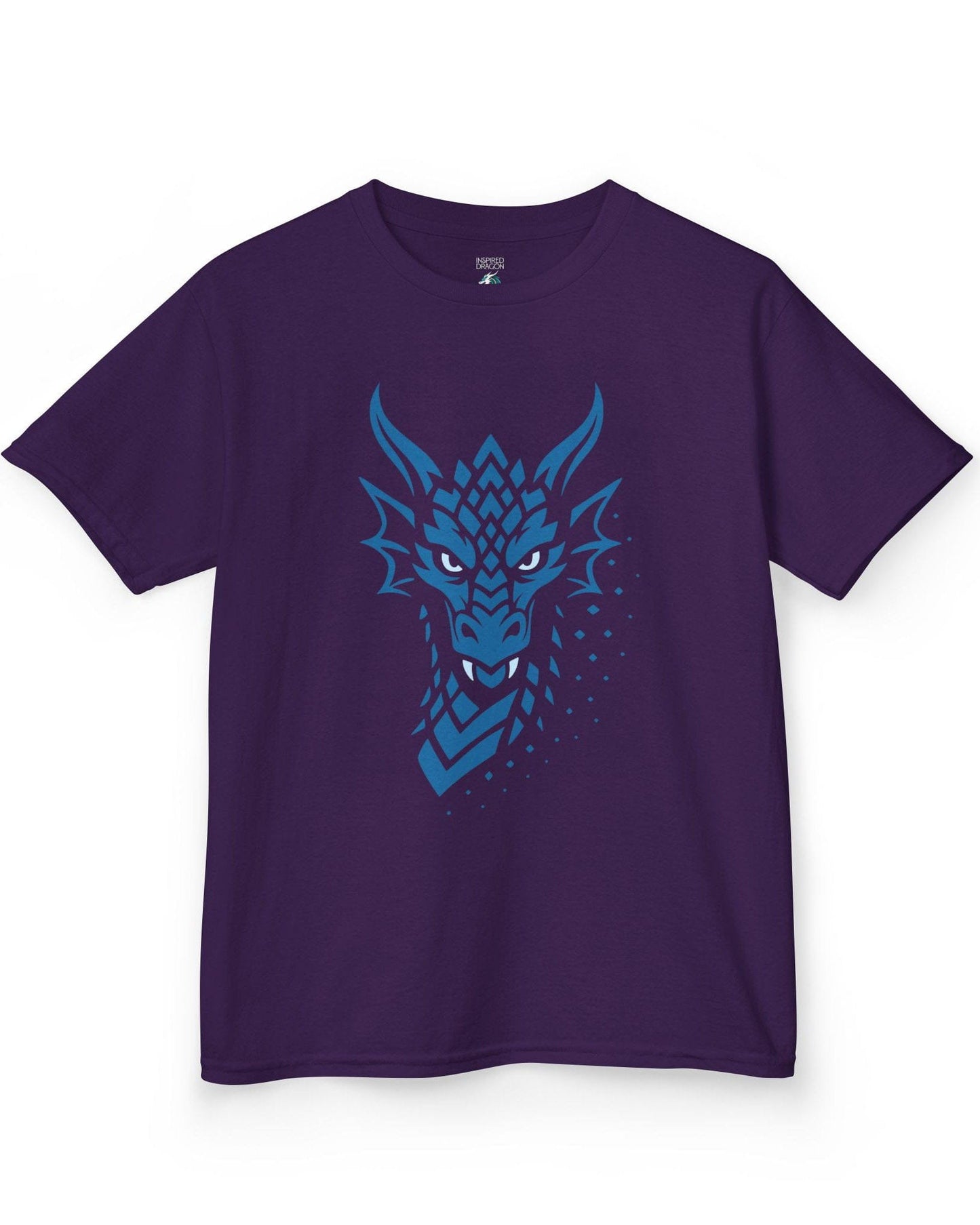Azure Veil shirt in purple, featuring a blue geometric dragon face fading into scattered digital pixels.