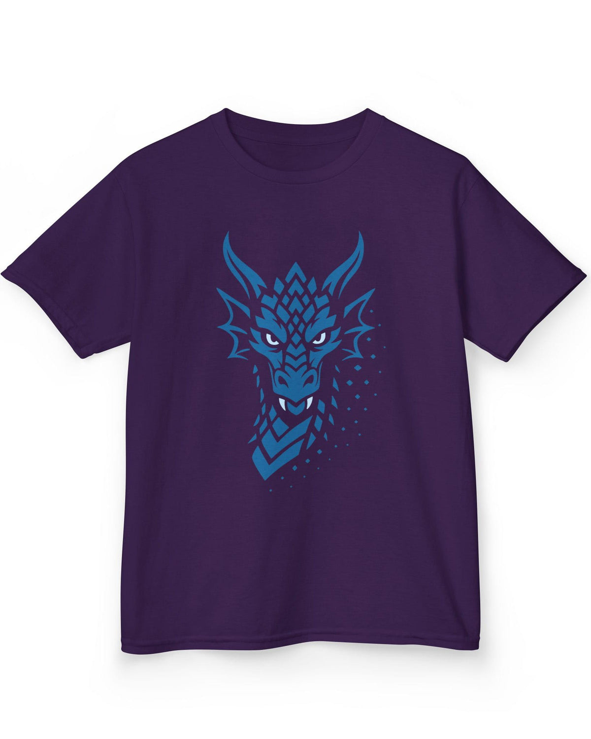Azure Veil shirt in purple featuring a blue geometric dragon face fading into scattered digital pixels