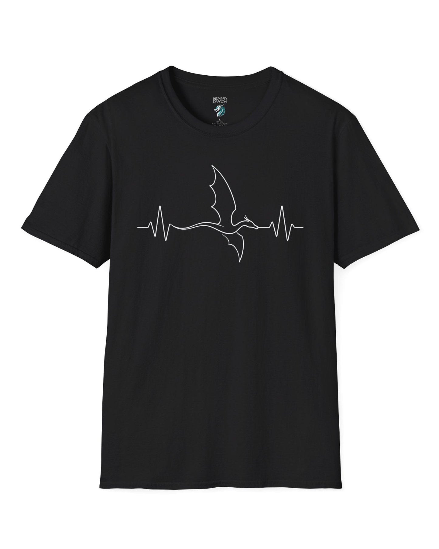 Dragon Heartbeat shirt in black, featuring line art of a flying dragon integrated into an EKG line.