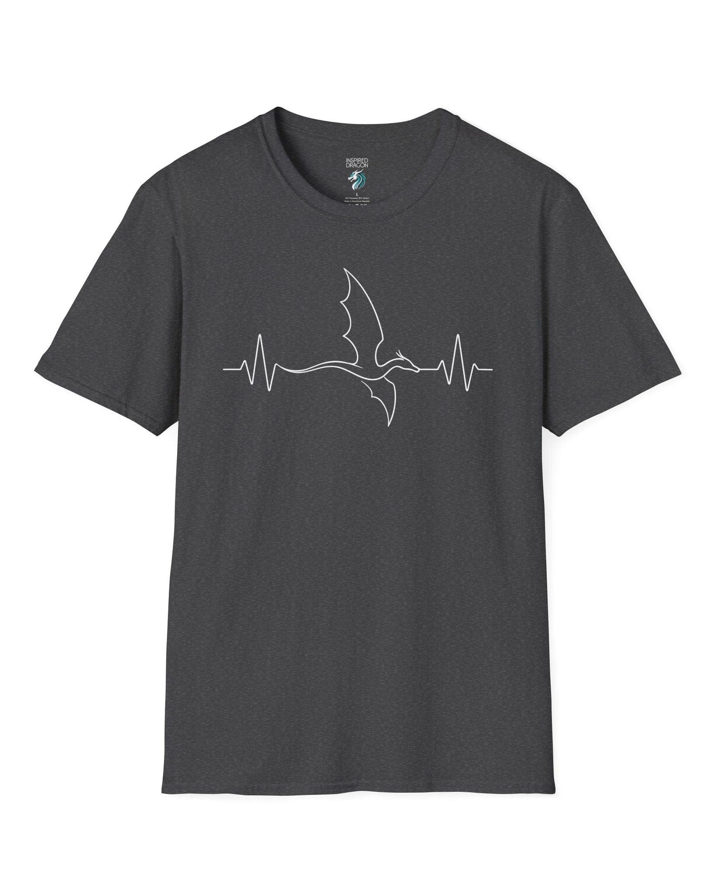 Dragon Heartbeat shirt in dark heather grey, featuring line art of a flying dragon integrated into an EKG line.