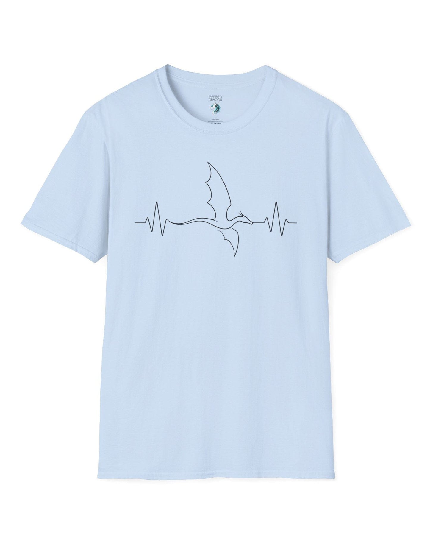 Dragon Heartbeat shirt in light blue, featuring line art of a flying dragon integrated into an EKG line.
