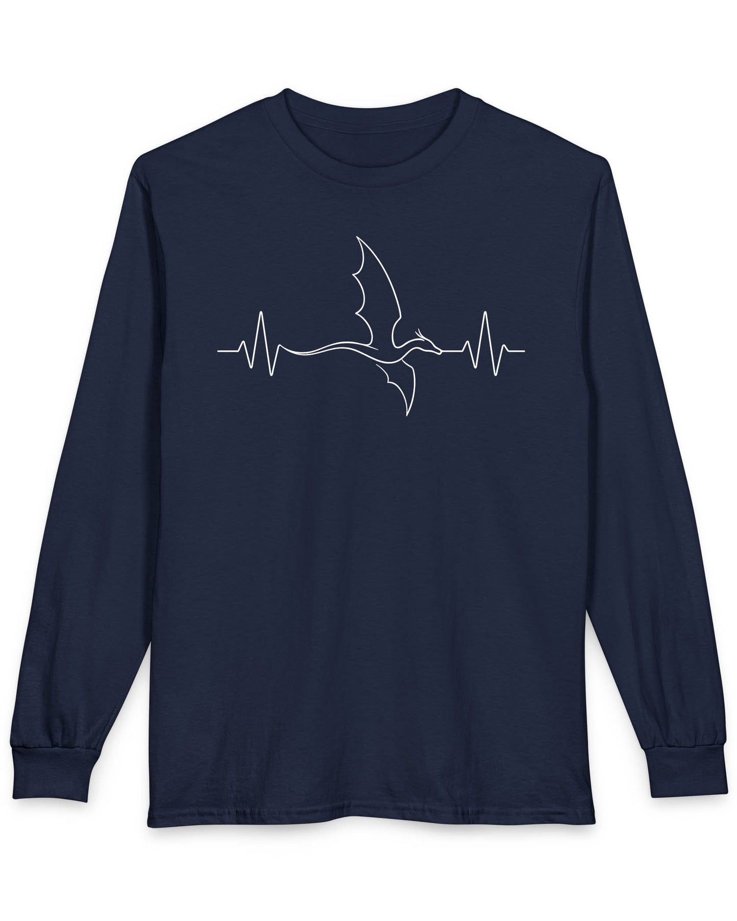 Dragon Heartbeat shirt in navy, featuring line art of a flying dragon integrated into an EKG line.