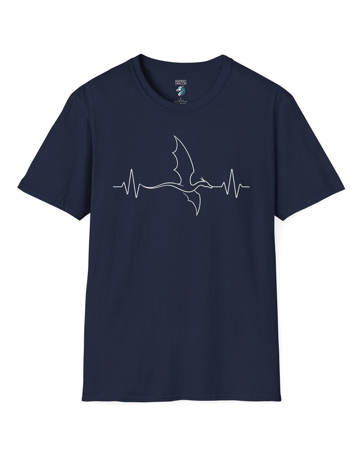 Dragon Heartbeat shirt in navy, featuring line art of a flying dragon integrated into an EKG line.