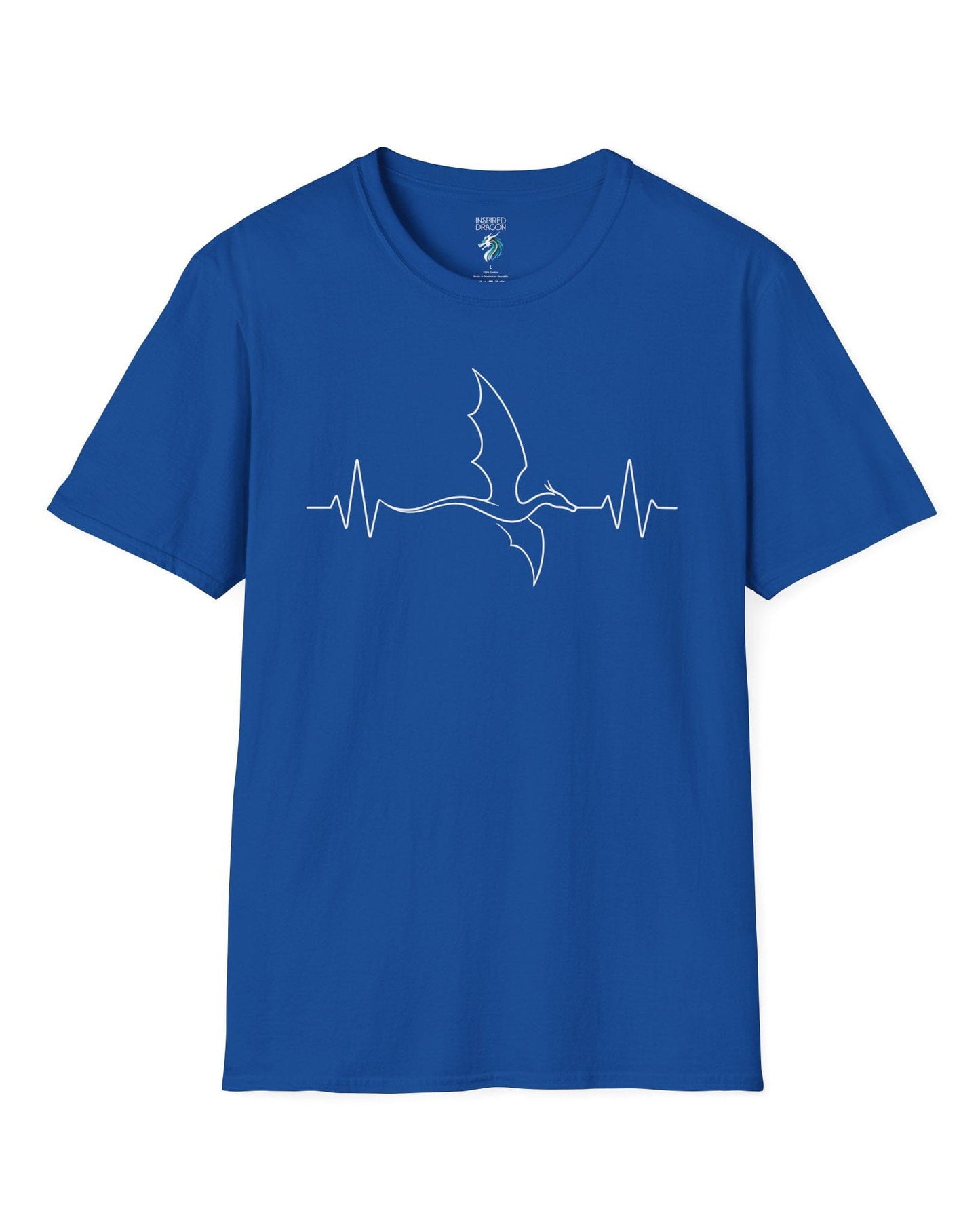 Dragon Heartbeat shirt in royal blue, featuring line art of a flying dragon integrated into an EKG line.