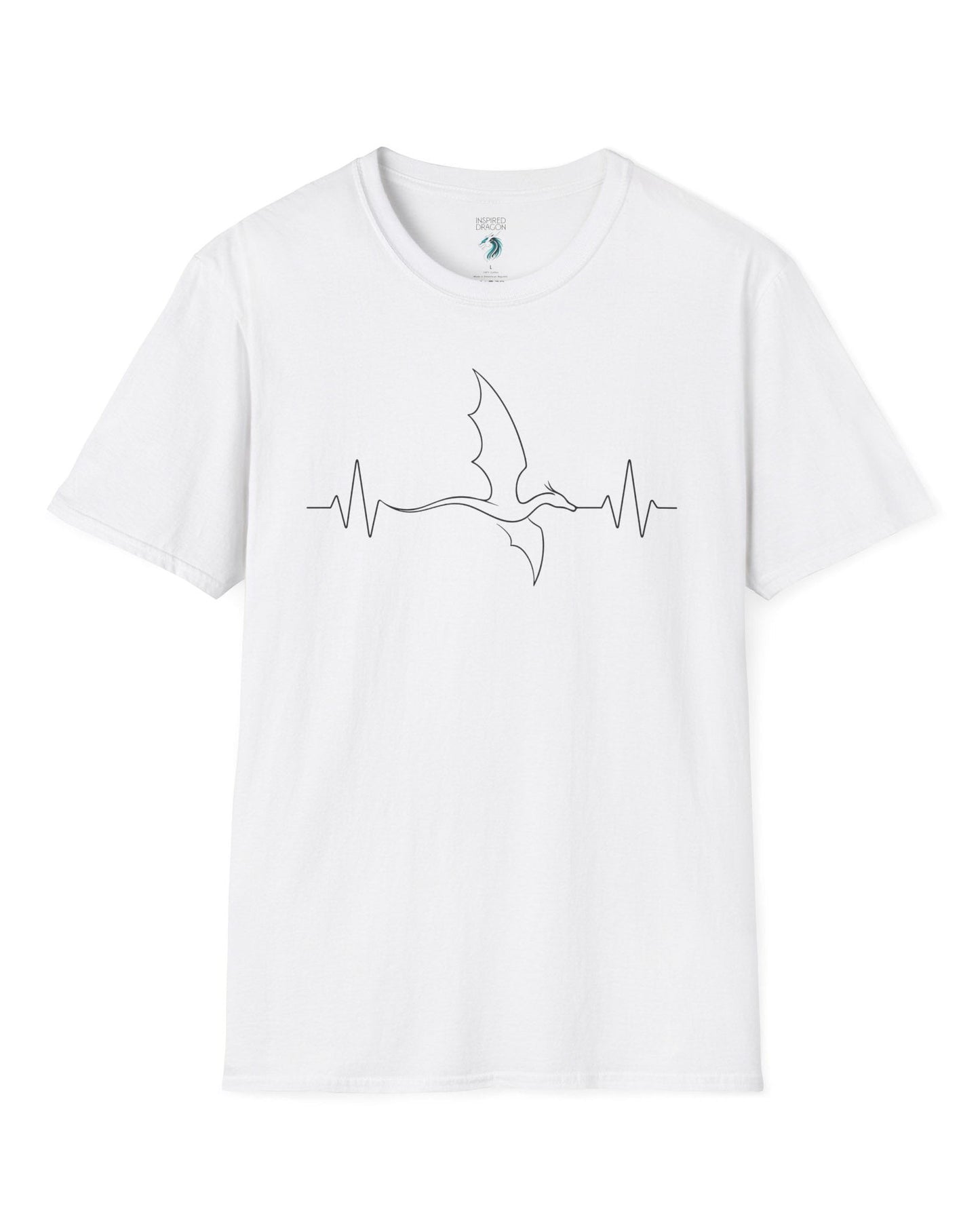 Dragon Heartbeat shirt in white, featuring line art of a flying dragon integrated into an EKG line.