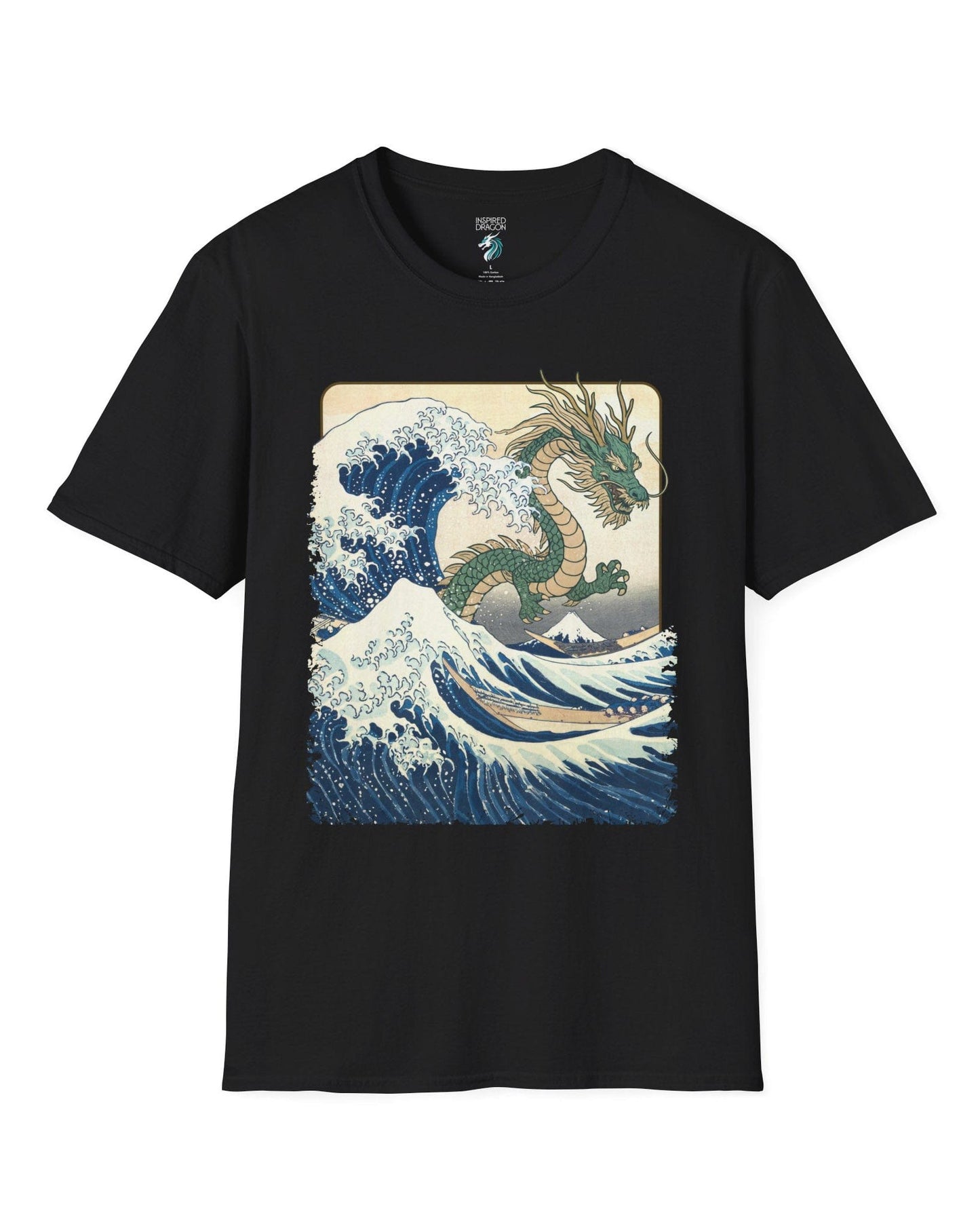 Great Dragon Wave shirt in black, featuring a green dragon emerging from an ocean wave in ukiyo-e art style.
