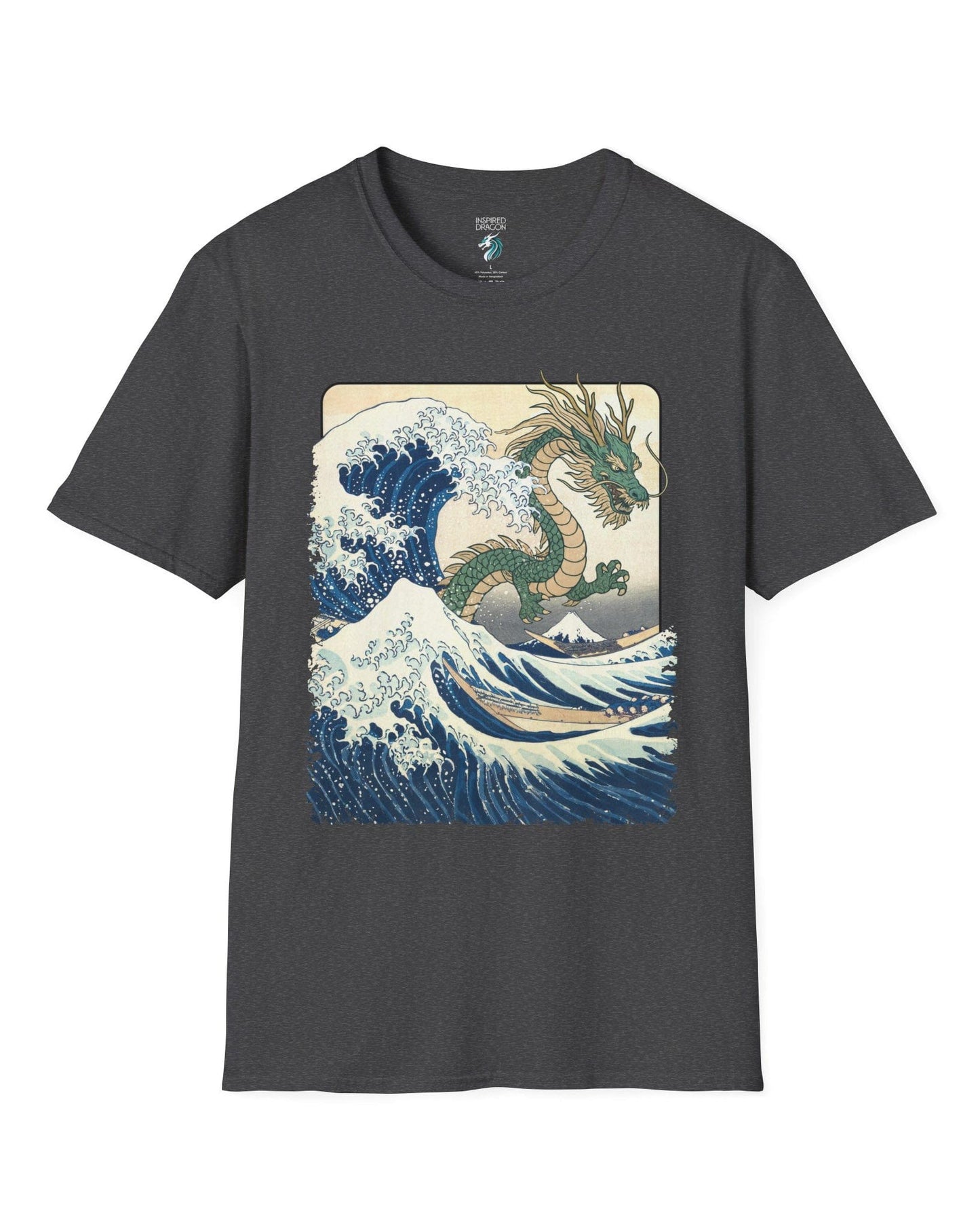 Great Dragon Wave shirt in dark heather grey, featuring a green dragon emerging from an ocean wave in ukiyo-e art style.