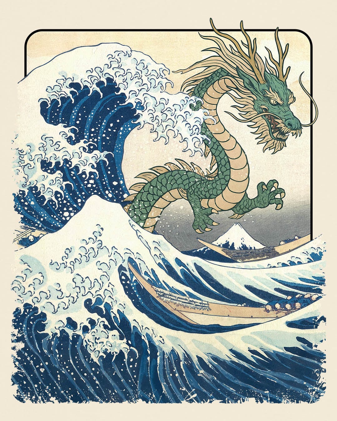 Great Dragon Wave shirt in natural, featuring a green dragon emerging from an ocean wave in ukiyo-e art style.