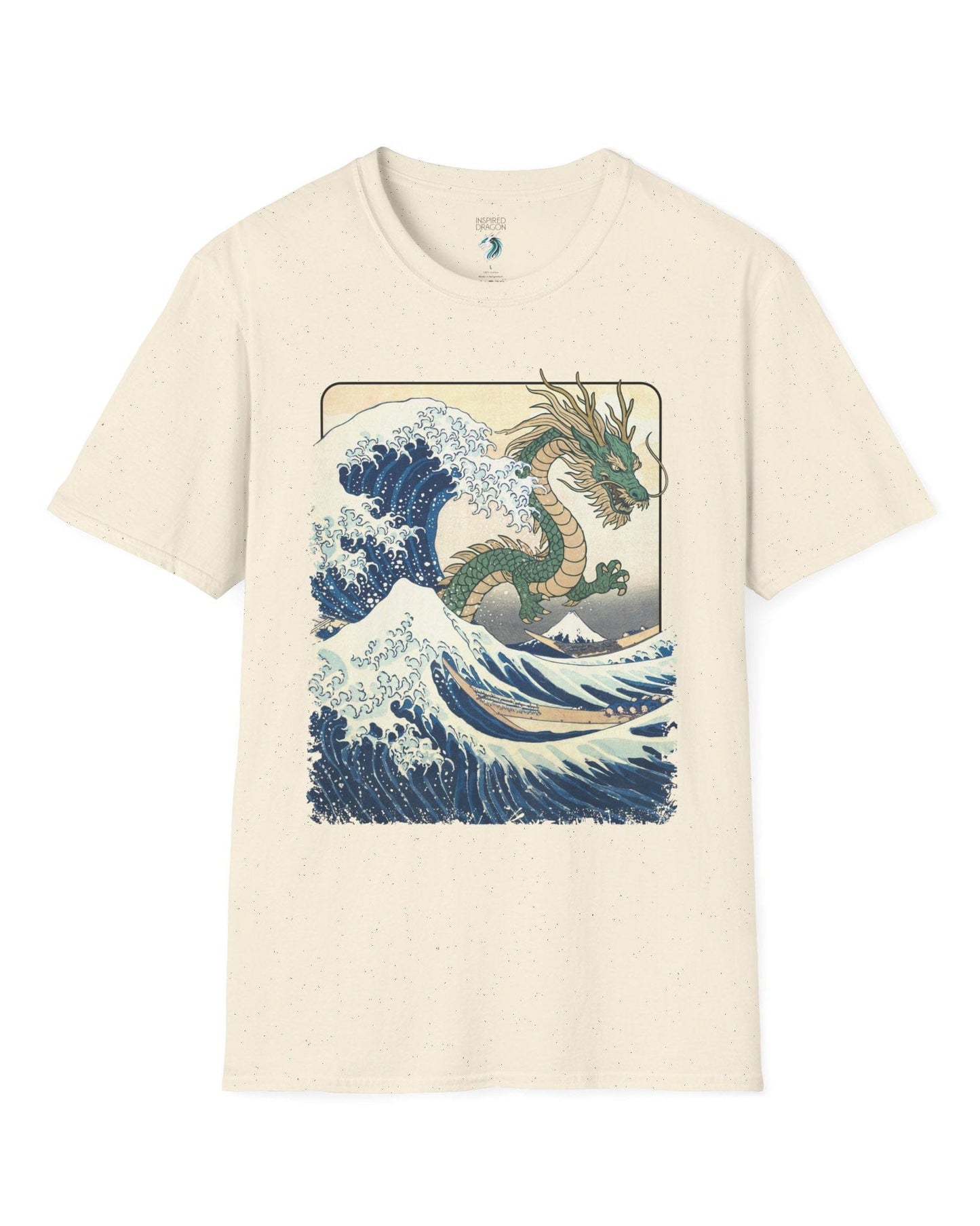 Great Dragon Wave shirt in natural, featuring a green dragon emerging from an ocean wave in ukiyo-e art style.