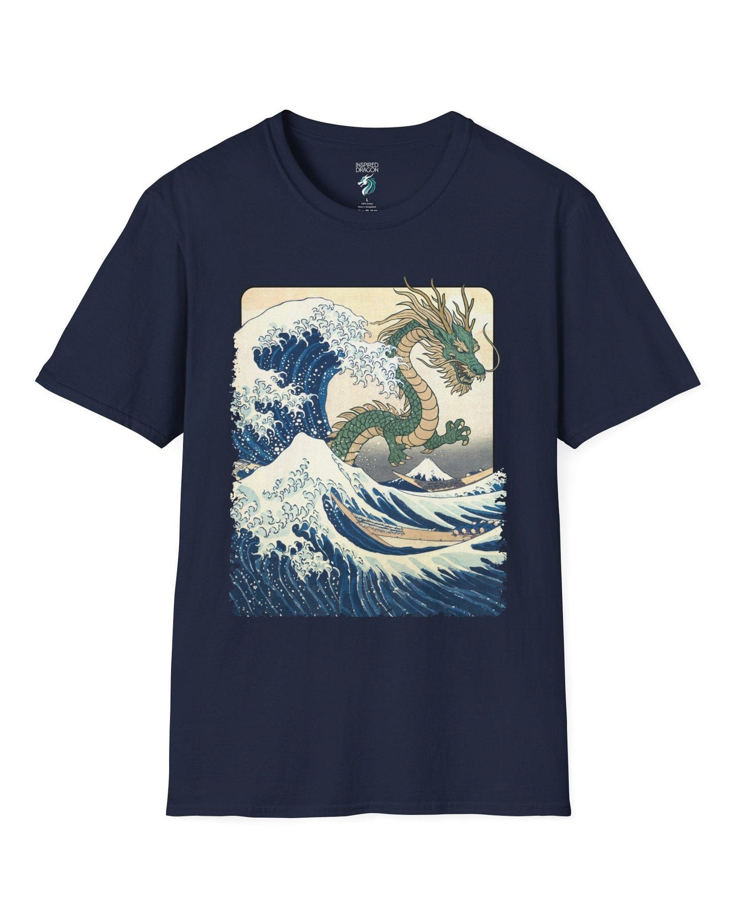 Great Dragon Wave shirt in navy, featuring a green dragon emerging from an ocean wave in ukiyo-e art style.