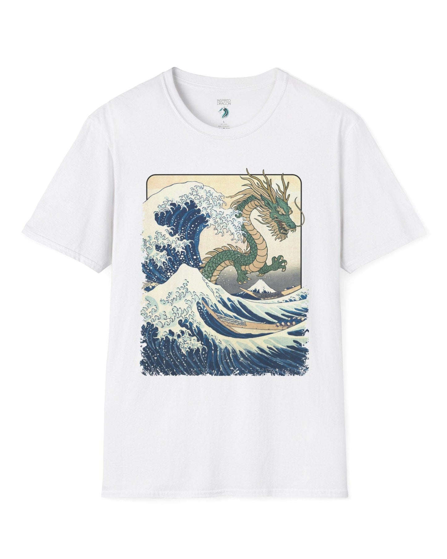 Great Dragon Wave shirt in white, featuring a green dragon emerging from an ocean wave in ukiyo-e art style.