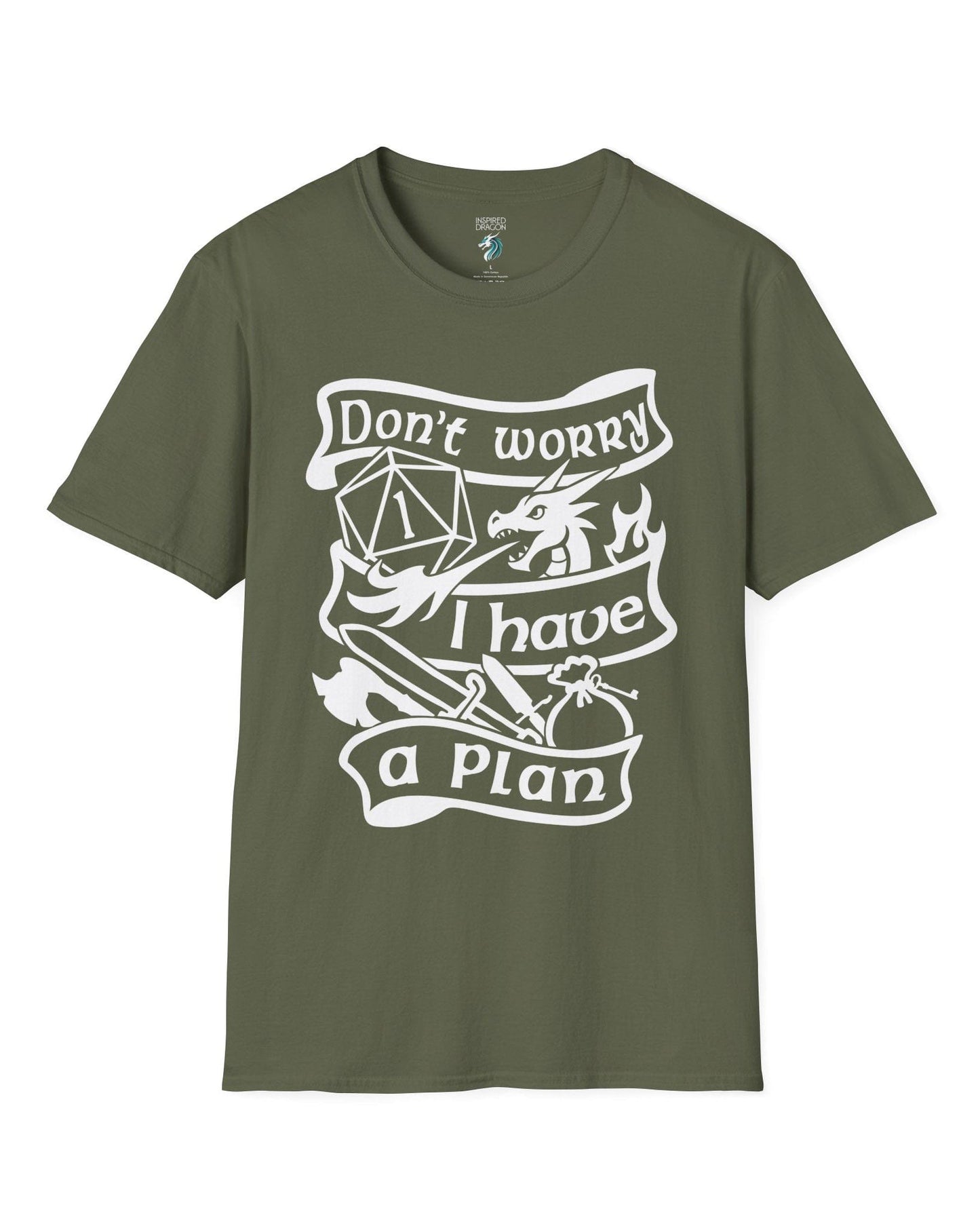 Don't Worry, I Have a Plan shirt in military green, featuring a dragon, gear, and a d20 die showing a critical fail.