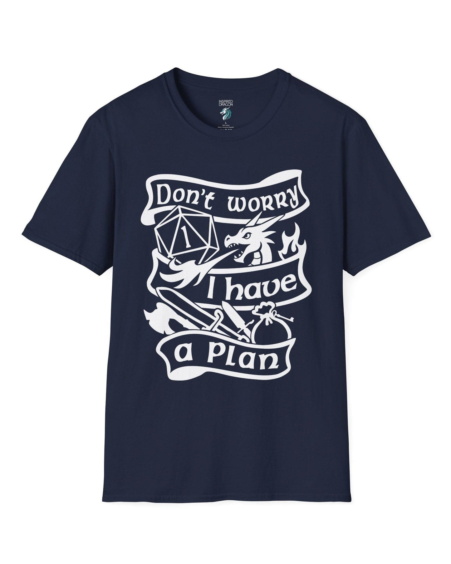 Don't Worry, I Have a Plan shirt in navy, featuring a dragon, gear, and a d20 die showing a critical fail.