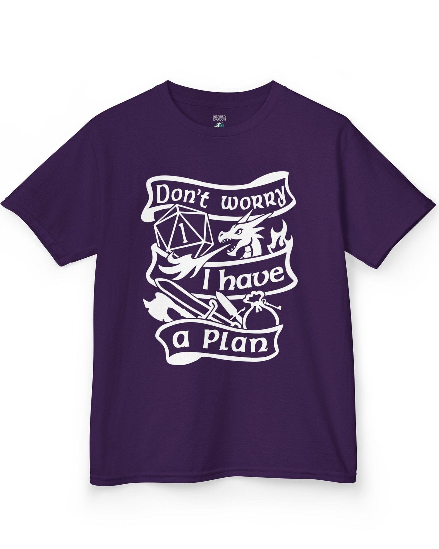 Don't Worry, I Have a Plan shirt in purple, featuring a dragon, gear, and a d20 die showing a critical fail.