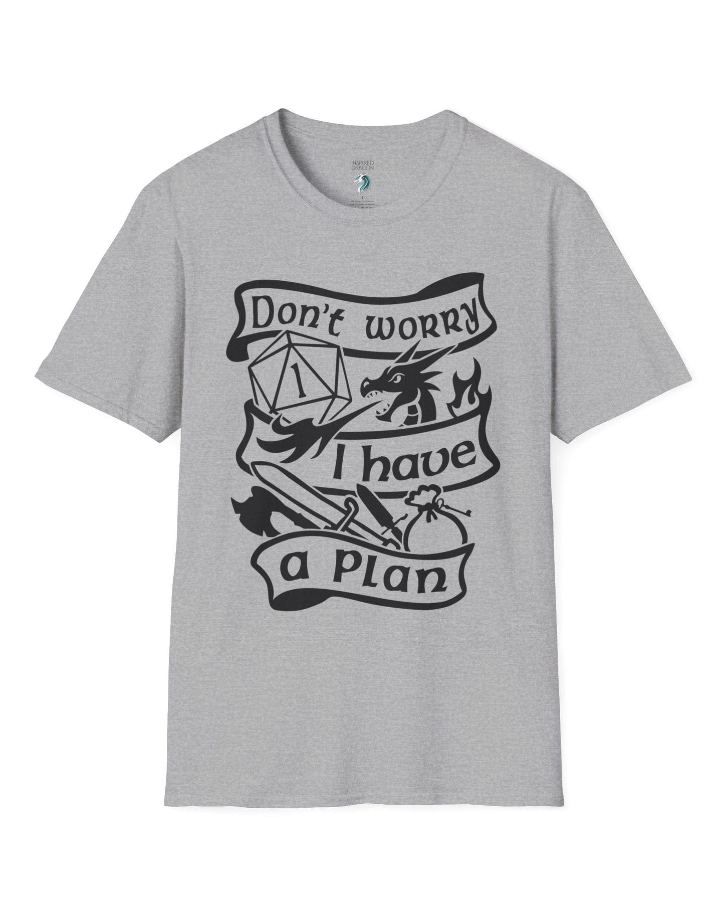 Don't Worry, I Have a Plan shirt in sport grey, featuring a dragon, gear, and a d20 die showing a critical fail.