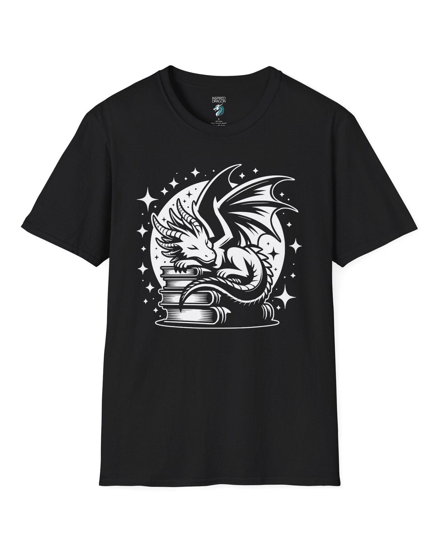 Guardian of Tales shirt in black, featuring a dragon sleeping atop a stack of books under a starry moon.