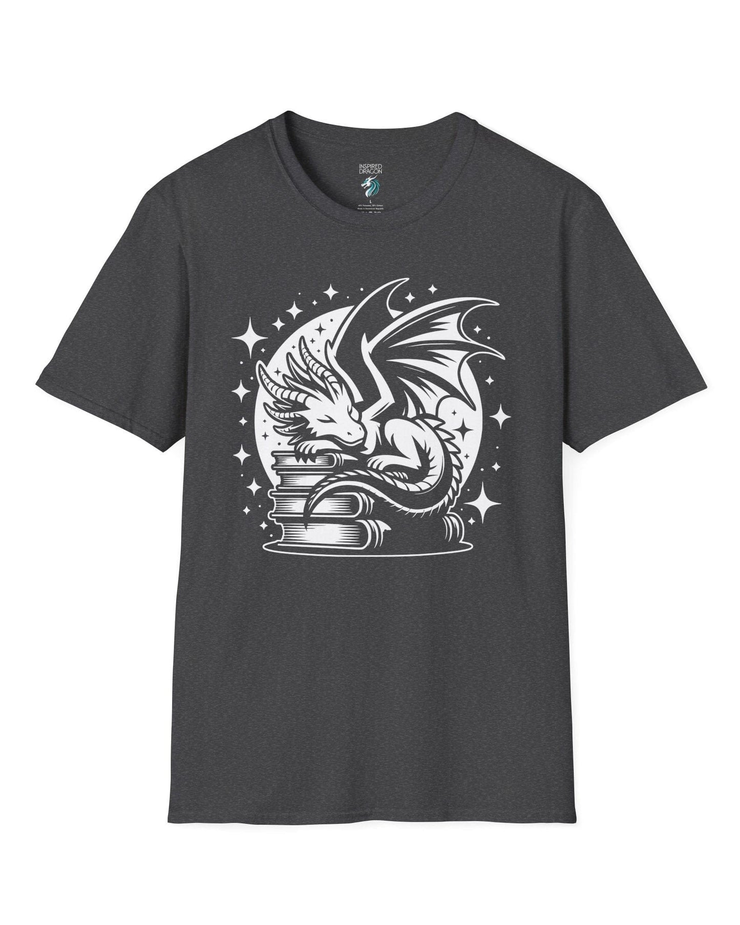Guardian of Tales shirt in dark heather grey, featuring a dragon sleeping atop a stack of books under a starry moon.