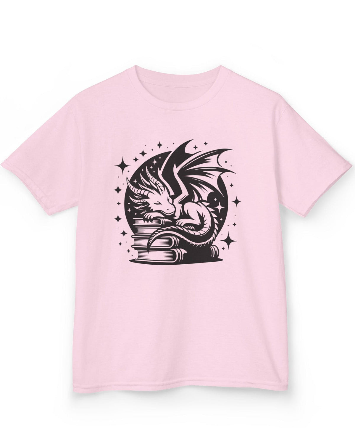 Guardian of Tales shirt in light pink, featuring a dragon sleeping atop a stack of books under a starry moon.