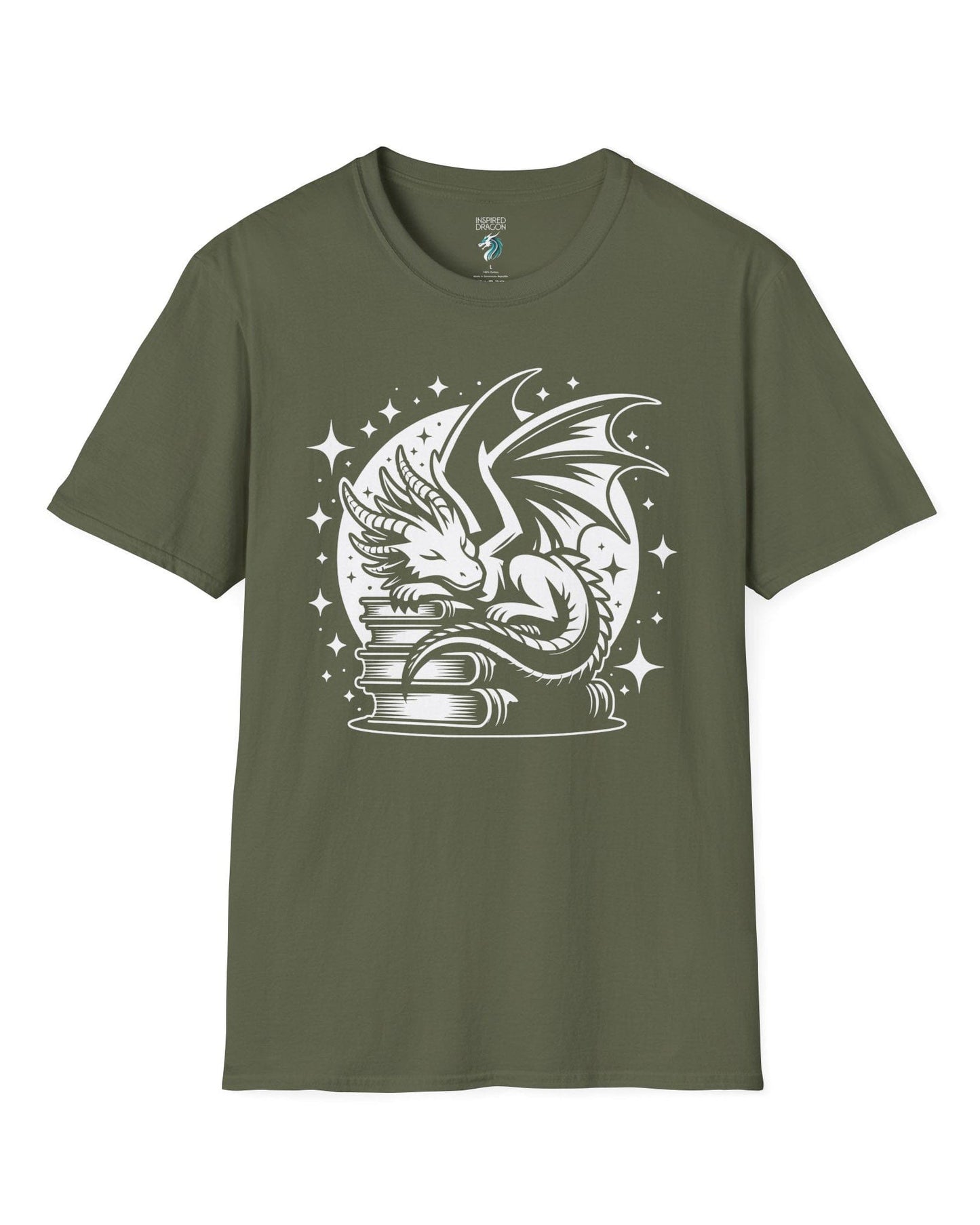 Guardian of Tales shirt in military green, featuring a dragon sleeping atop a stack of books under a starry moon.