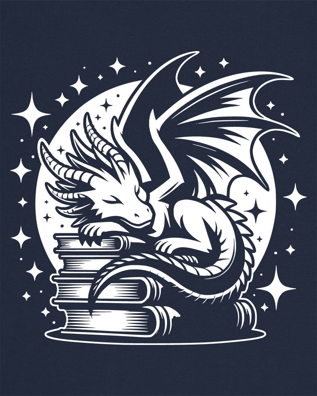 Guardian of Tales shirt in navy, featuring a dragon sleeping atop a stack of books under a starry moon.