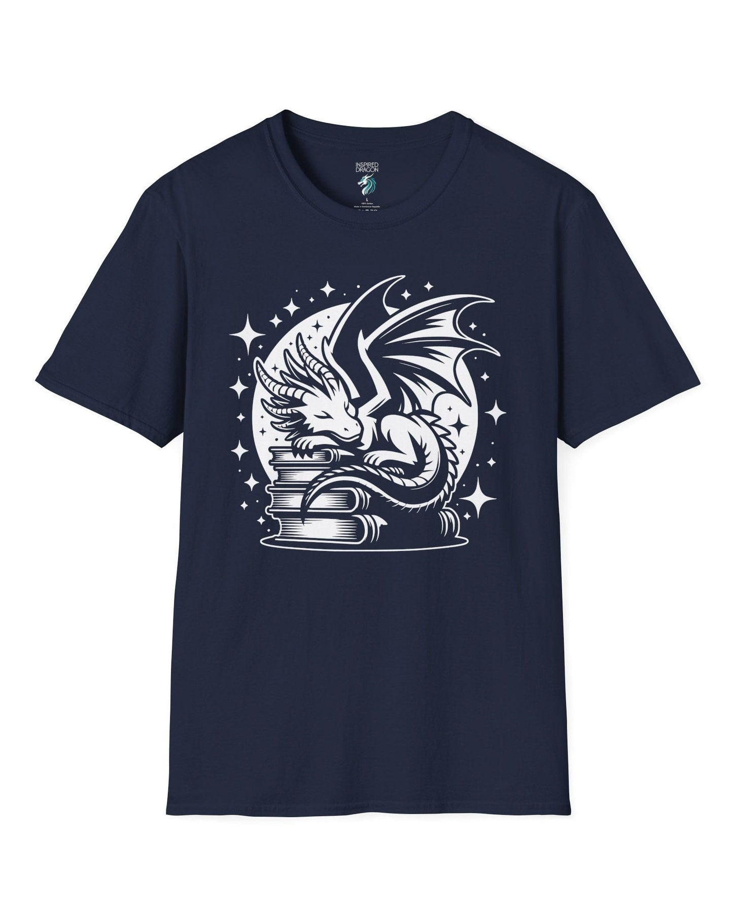 Guardian of Tales shirt in navy, featuring a dragon sleeping atop a stack of books under a starry moon.