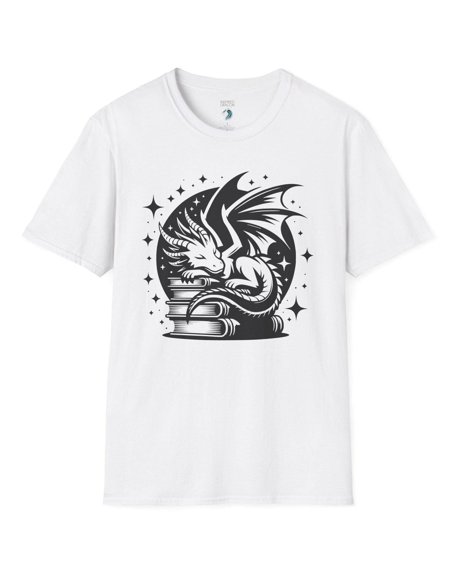 Guardian of Tales shirt in white, featuring a dragon sleeping atop a stack of books under a starry moon.
