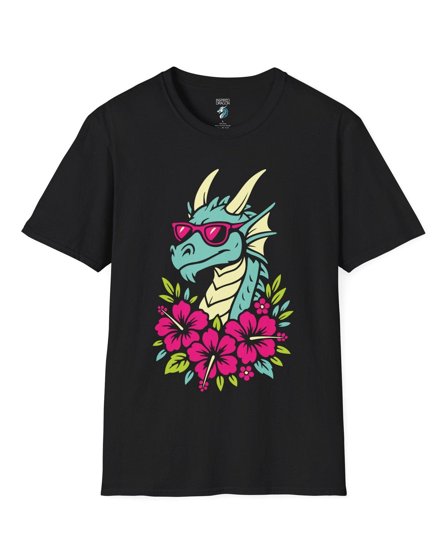 Tropical Radness shirt in black, featuring a cool dragon in shades surrounded by vibrant pink hibiscus flowers.
