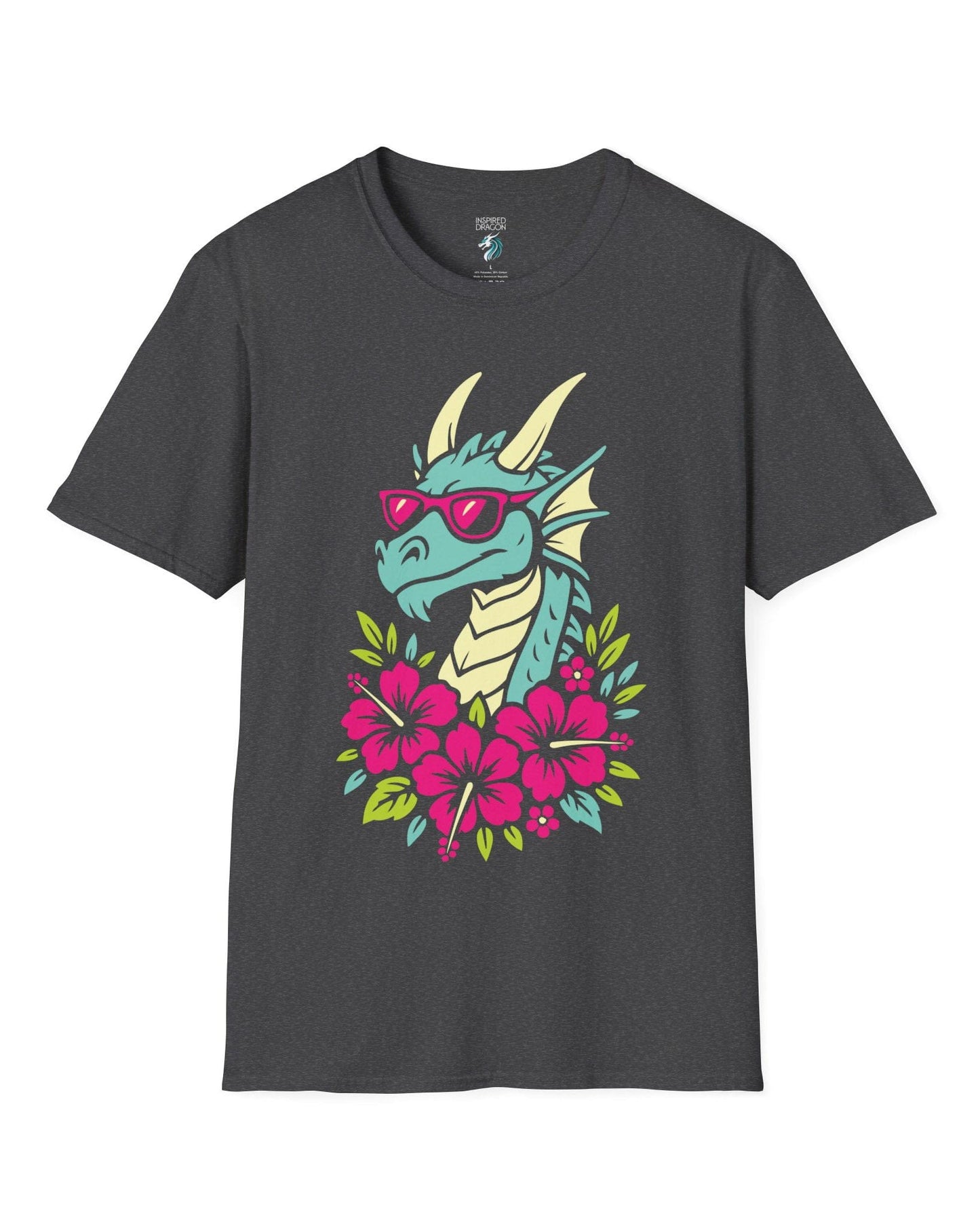 Tropical Radness shirt in dark heather grey, featuring a cool dragon in shades surrounded by vibrant pink hibiscus flowers.