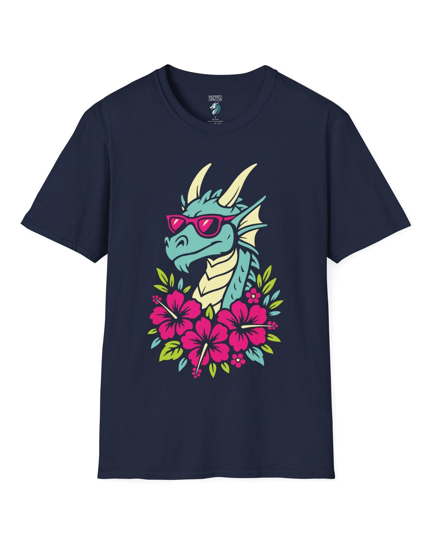 Tropical Radness shirt in navy, featuring a cool dragon in shades surrounded by vibrant pink hibiscus flowers.