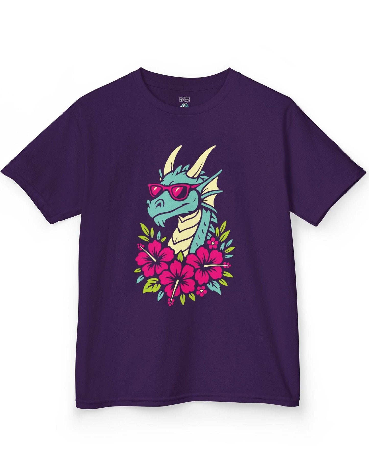 Tropical Radness shirt in purple, featuring a cool dragon in shades surrounded by vibrant pink hibiscus flowers.