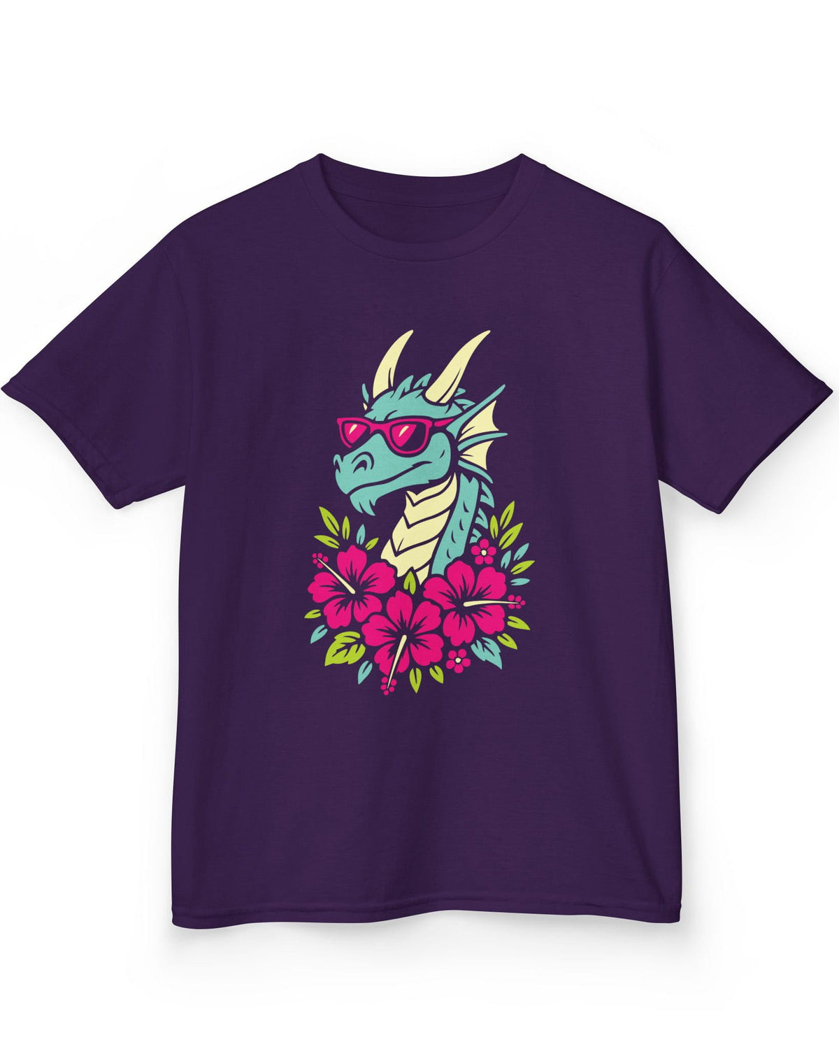 Tropical Radness shirt in purple featuring a cool dragon in shades surrounded by vibrant pink hibiscus flowers