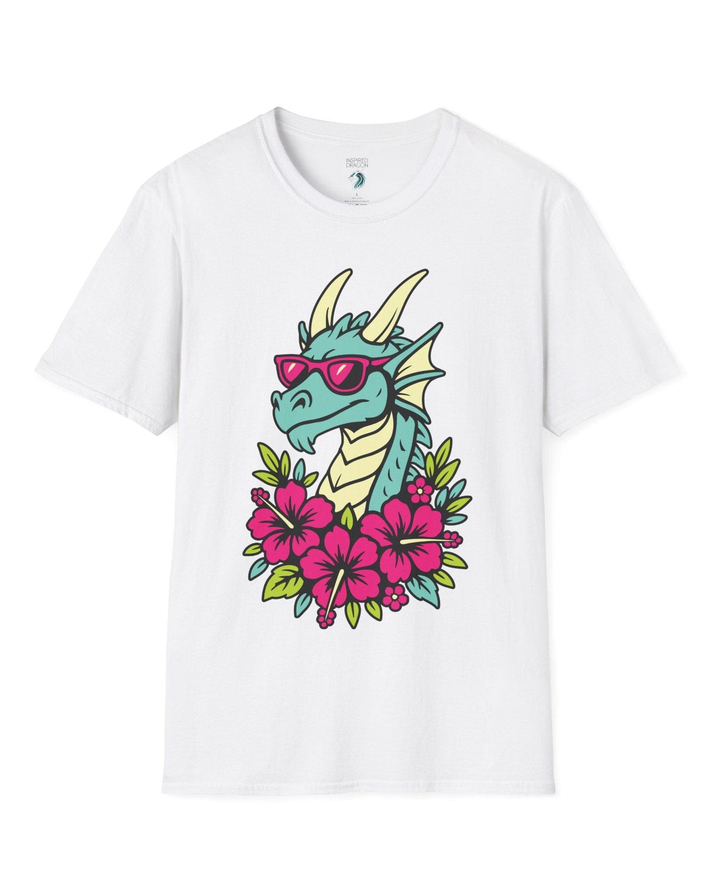 Tropical Radness shirt in white, featuring a cool dragon in shades surrounded by vibrant pink hibiscus flowers.