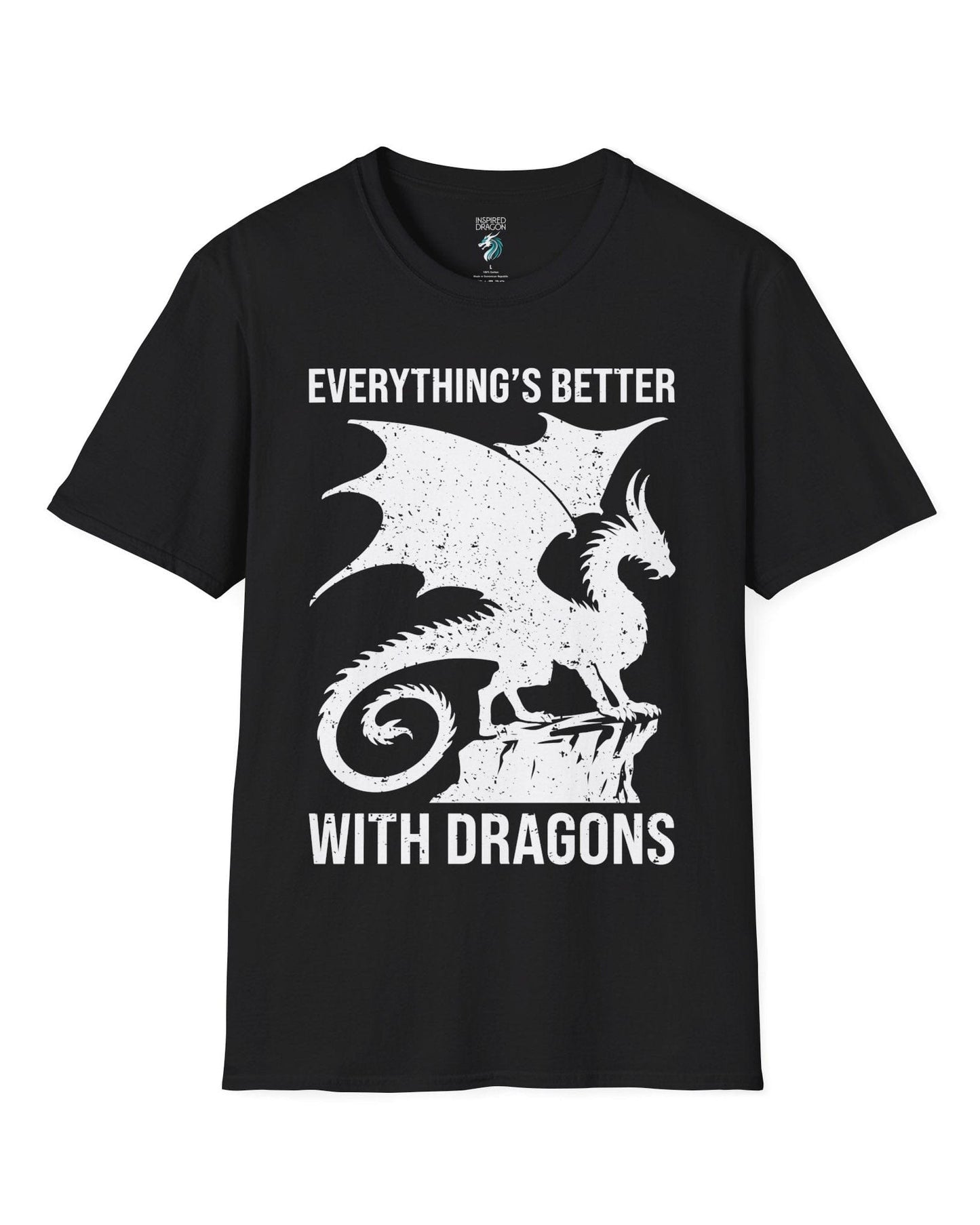 Everything's Better with Dragons shirt in black, featuring a distressed dragon silhouette perched on a rock.