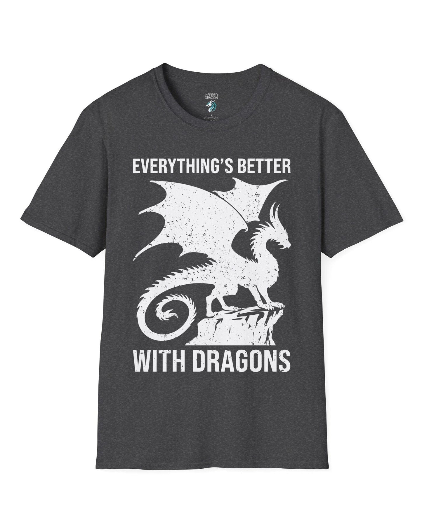 Everything's Better with Dragons shirt in dark heather grey, featuring a distressed dragon silhouette perched on a rock.