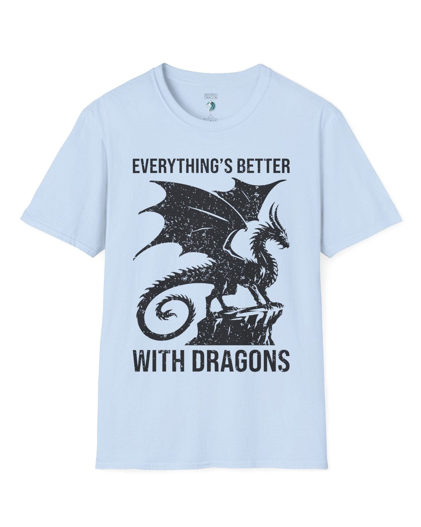 Everything's Better with Dragons shirt in light blue, featuring a distressed dragon silhouette perched on a rock.