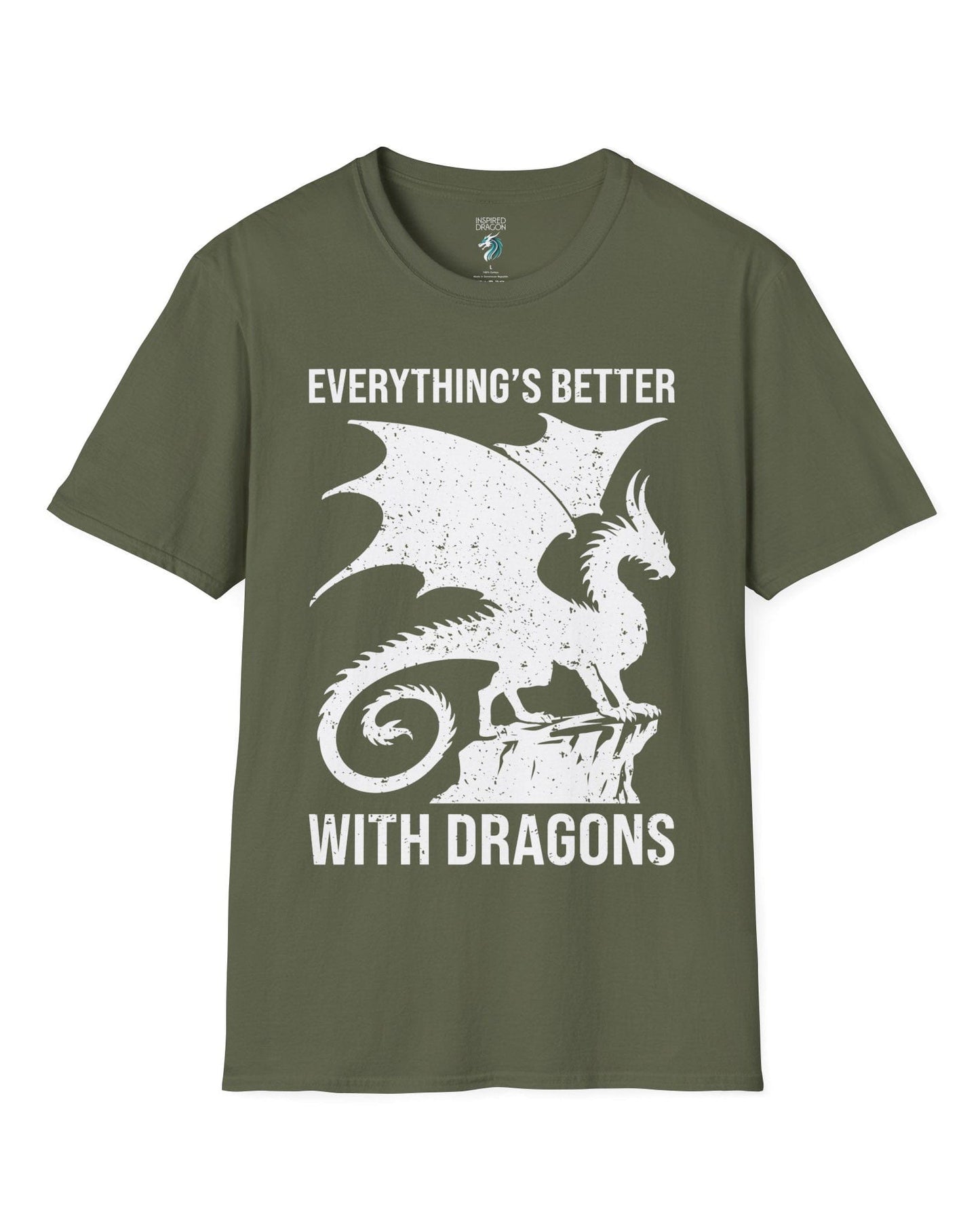 Everything's Better with Dragons shirt in military green, featuring a distressed dragon silhouette perched on a rock.
