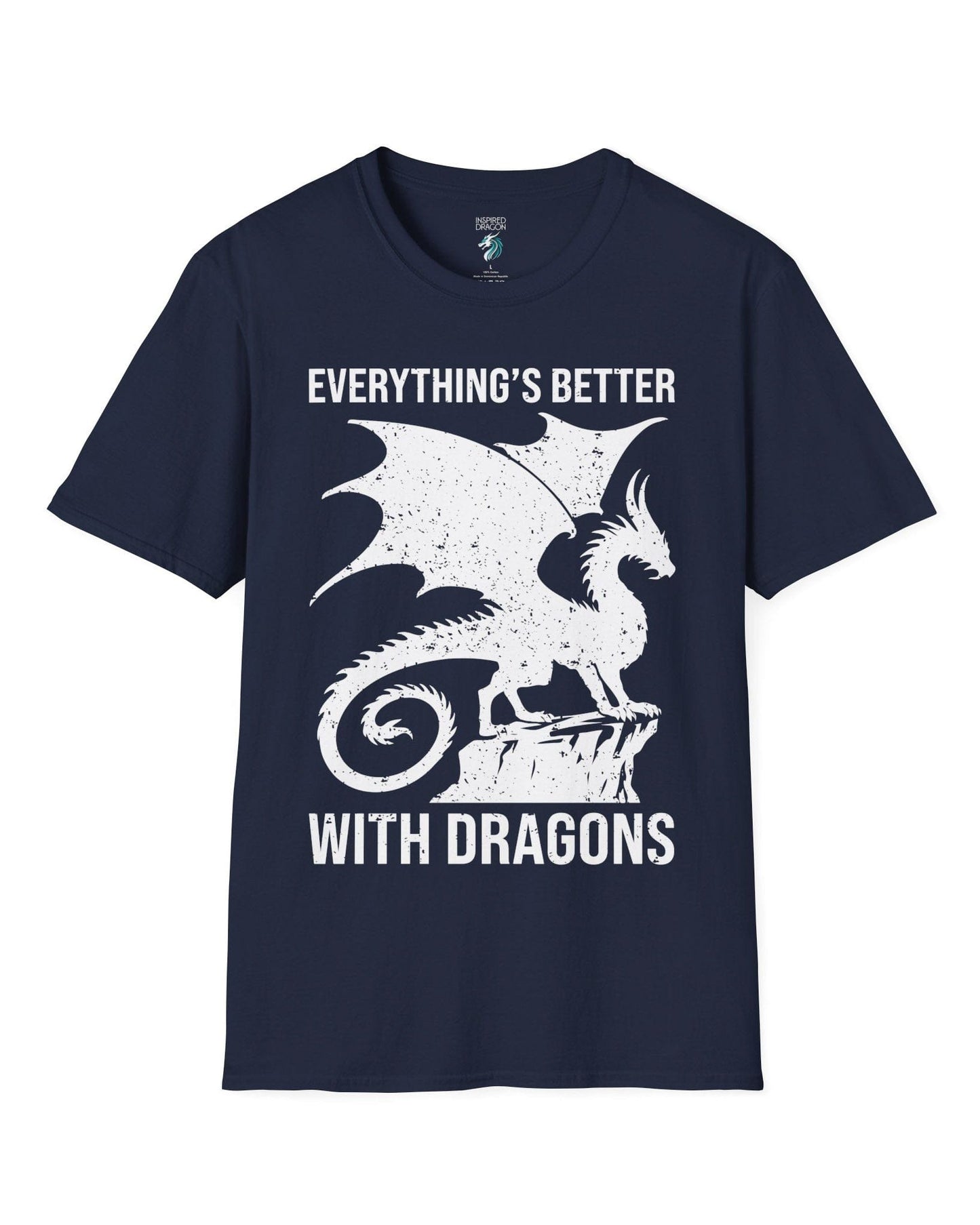 Everything's Better with Dragons shirt in navy, featuring a distressed dragon silhouette perched on a rock.