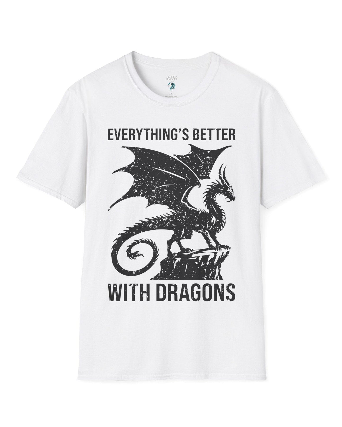Everything's Better with Dragons shirt in white, featuring a distressed dragon silhouette perched on a rock.