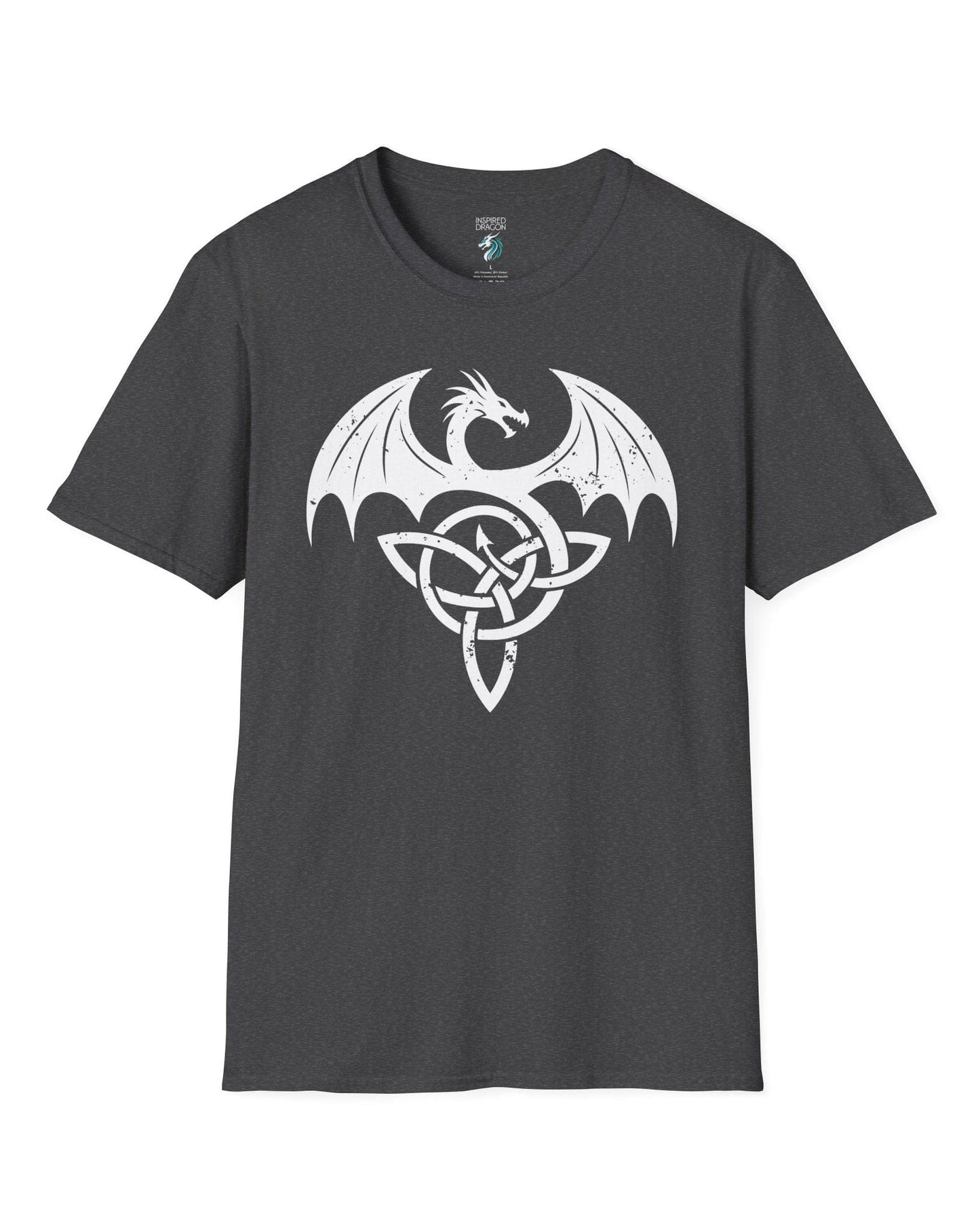 Serpent Sigil shirt in dark heather grey, featuring a distressed dragon emblem entwined with a Celtic knot.