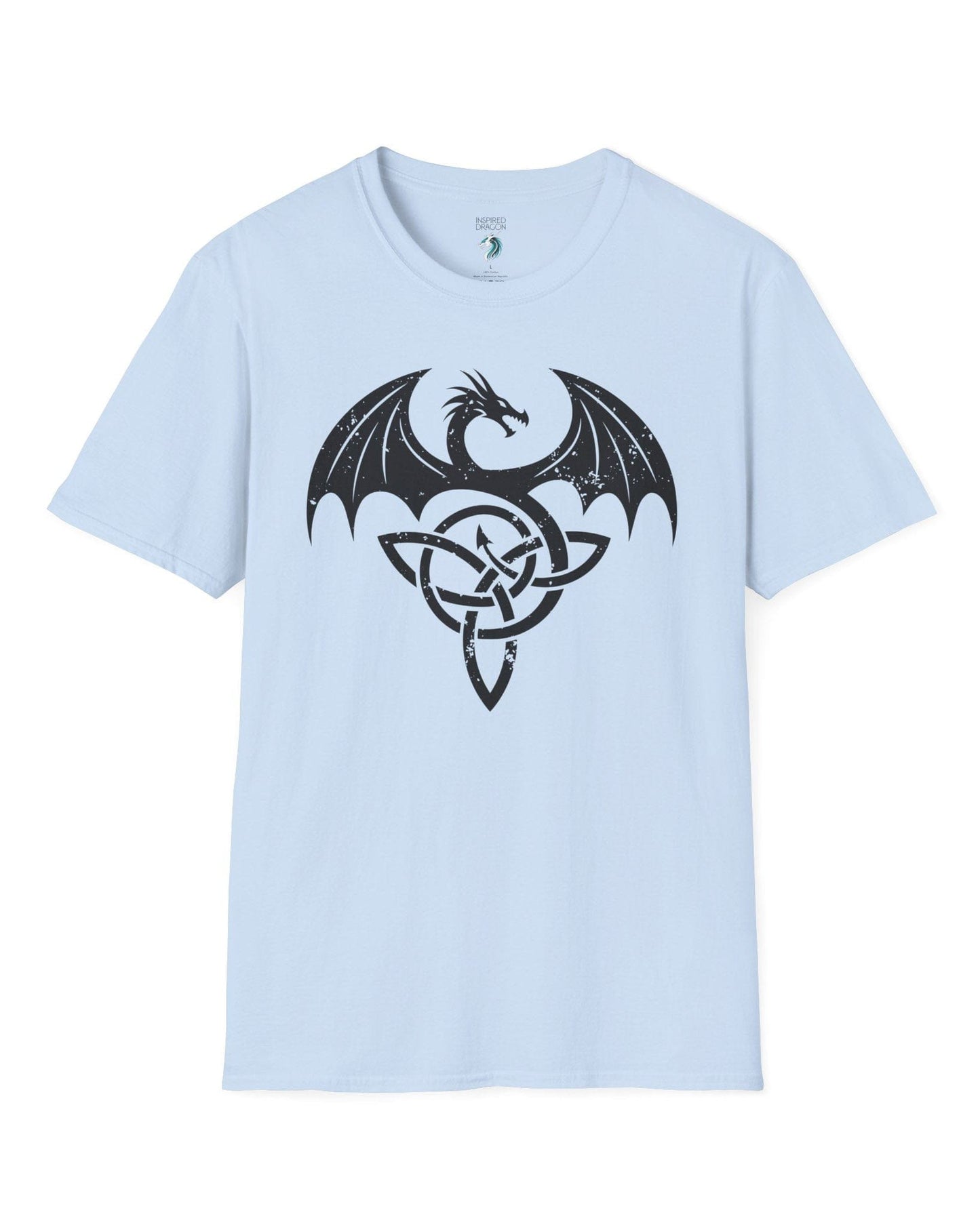 Serpent Sigil shirt in light blue, featuring a distressed dragon emblem entwined with a Celtic knot.