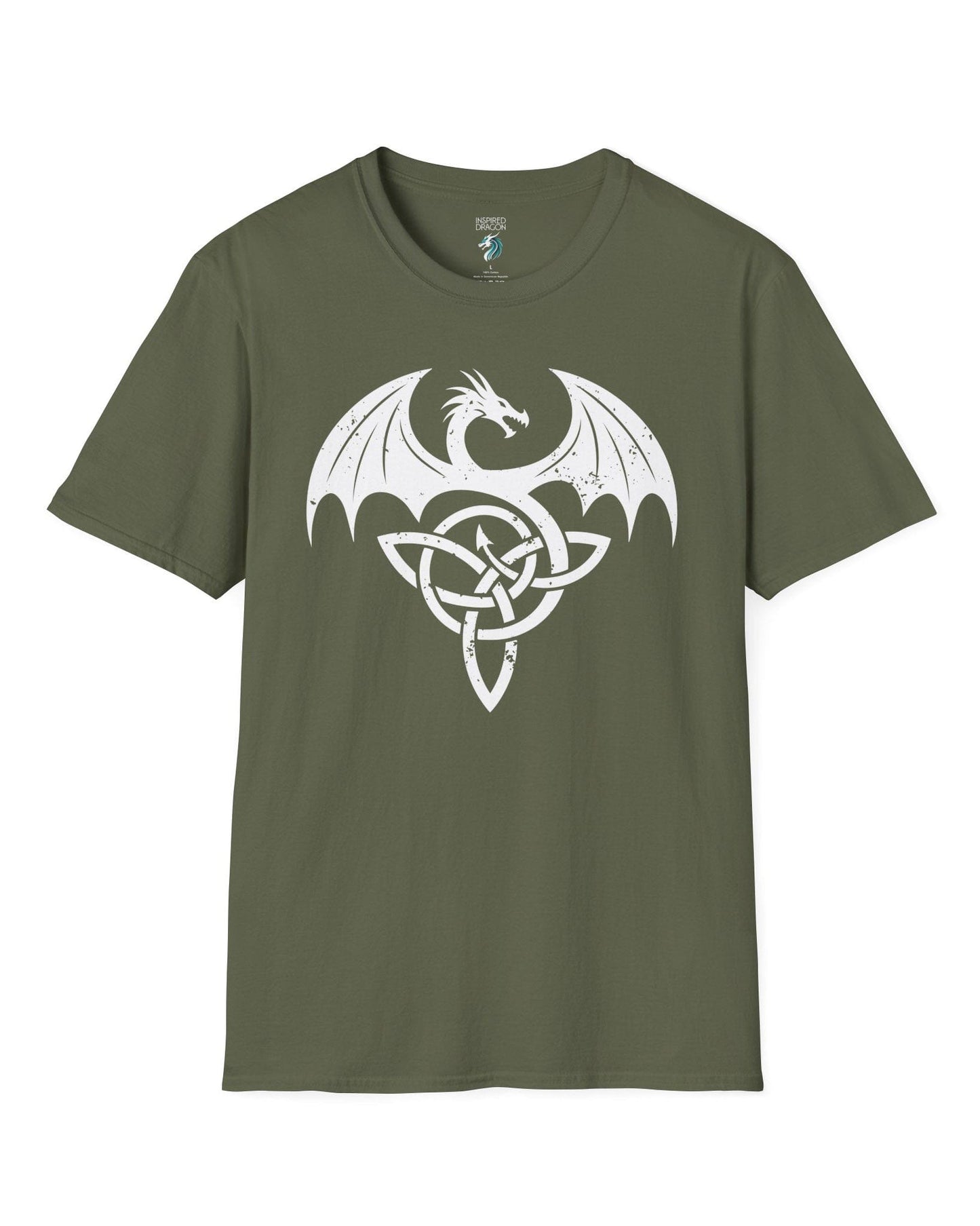 Serpent Sigil shirt in military green, featuring a distressed dragon emblem entwined with a Celtic knot.