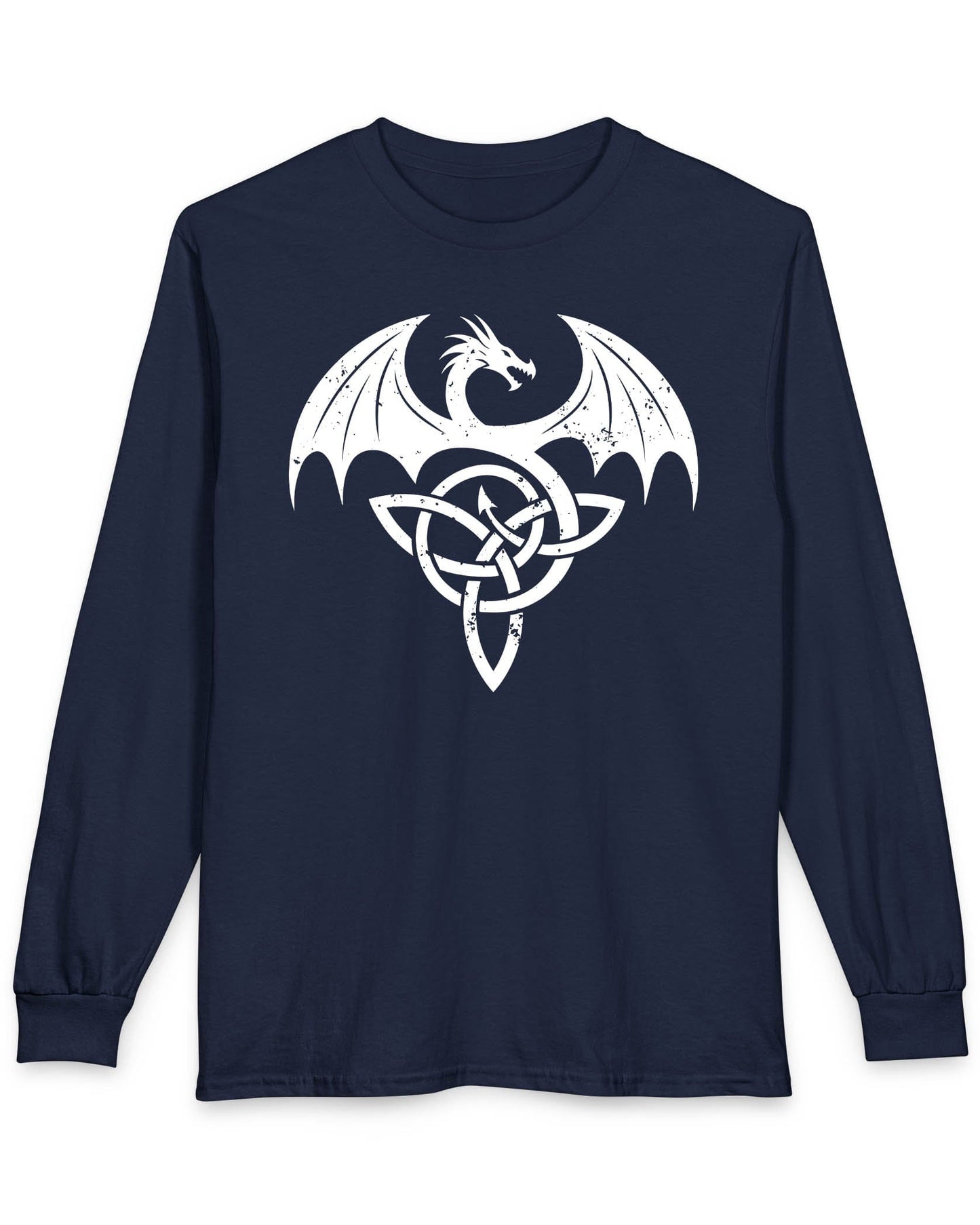 Winged Serpent Sigil shirt in navy, featuring a distressed dragon emblem entwined with a Celtic knot.