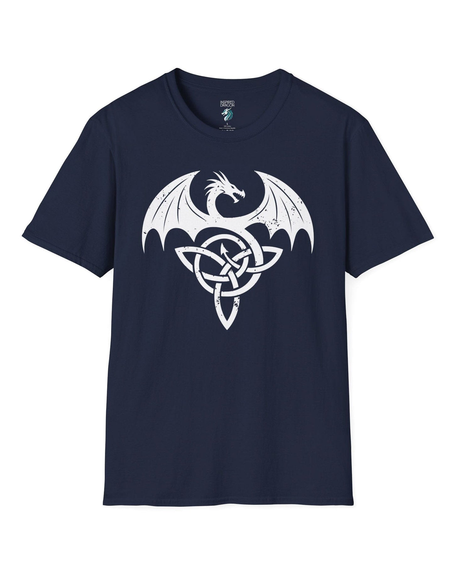 Serpent Sigil shirt in navy, featuring a distressed dragon emblem entwined with a Celtic knot.